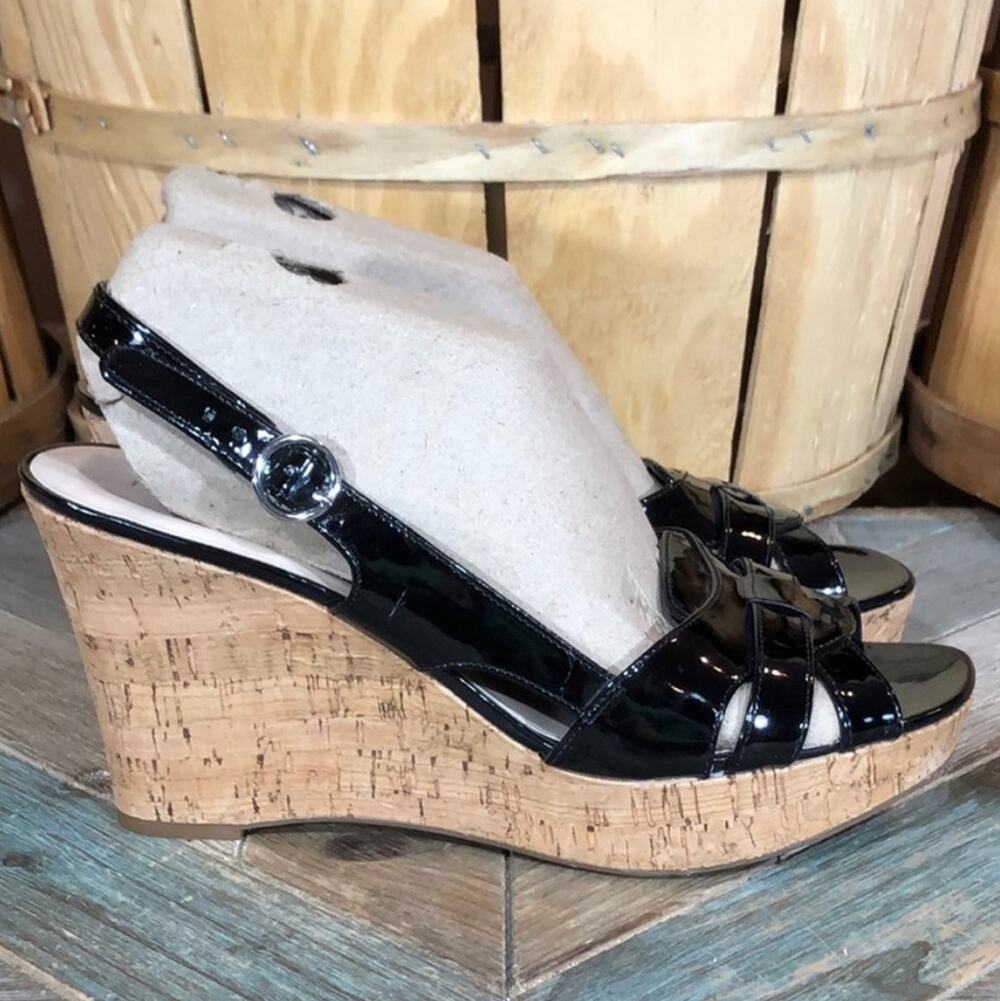 Franco Sarto Casey Faux Black Patent Cork Wedge Slingback Sandals Women Size 9.5